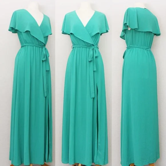 Vici Lost in the Moment Maxi Dress Cape Surplice Wrap V Neck Slit Green S $68 - Picture 4 of 12
